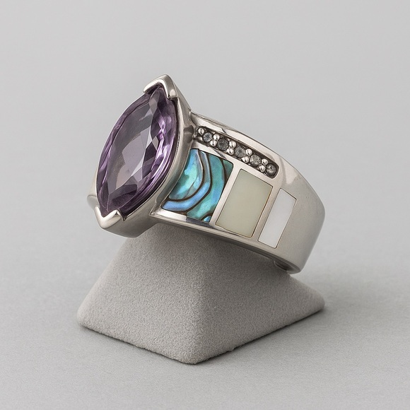 Sterling Silver 925 Marquis Amethyst Abalone Inlay Whitney Kelly Ring EC 9 #331 - Picture 2 of 12